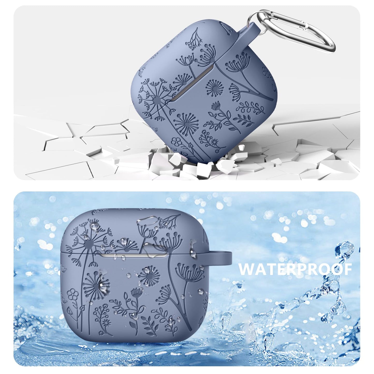 Lerobo Capa com Flores Gravadas Compatível com AirPods 3ª Geração (Azul Cinza)