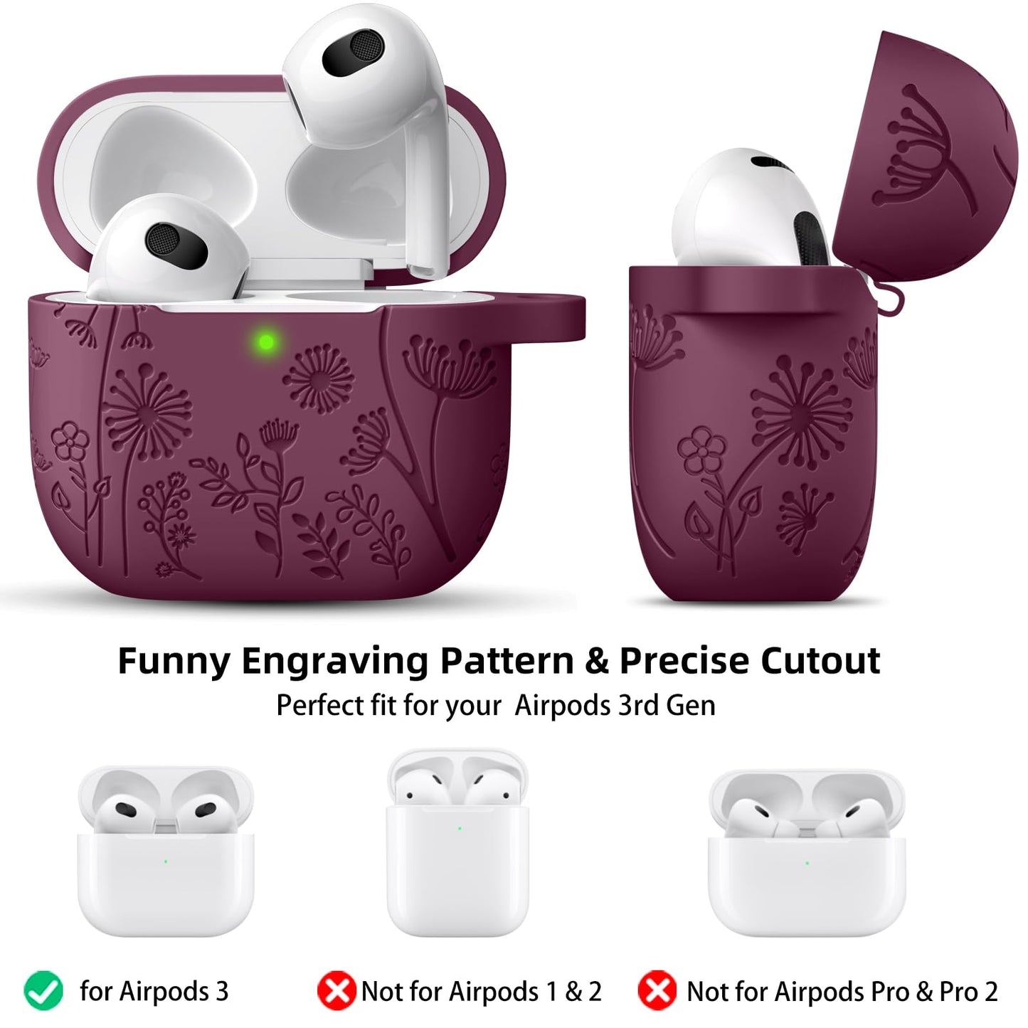 Lerobo Capa com Flores Gravadas Compatível com AirPods 3ª Geração (Vermelho Púrpura)
