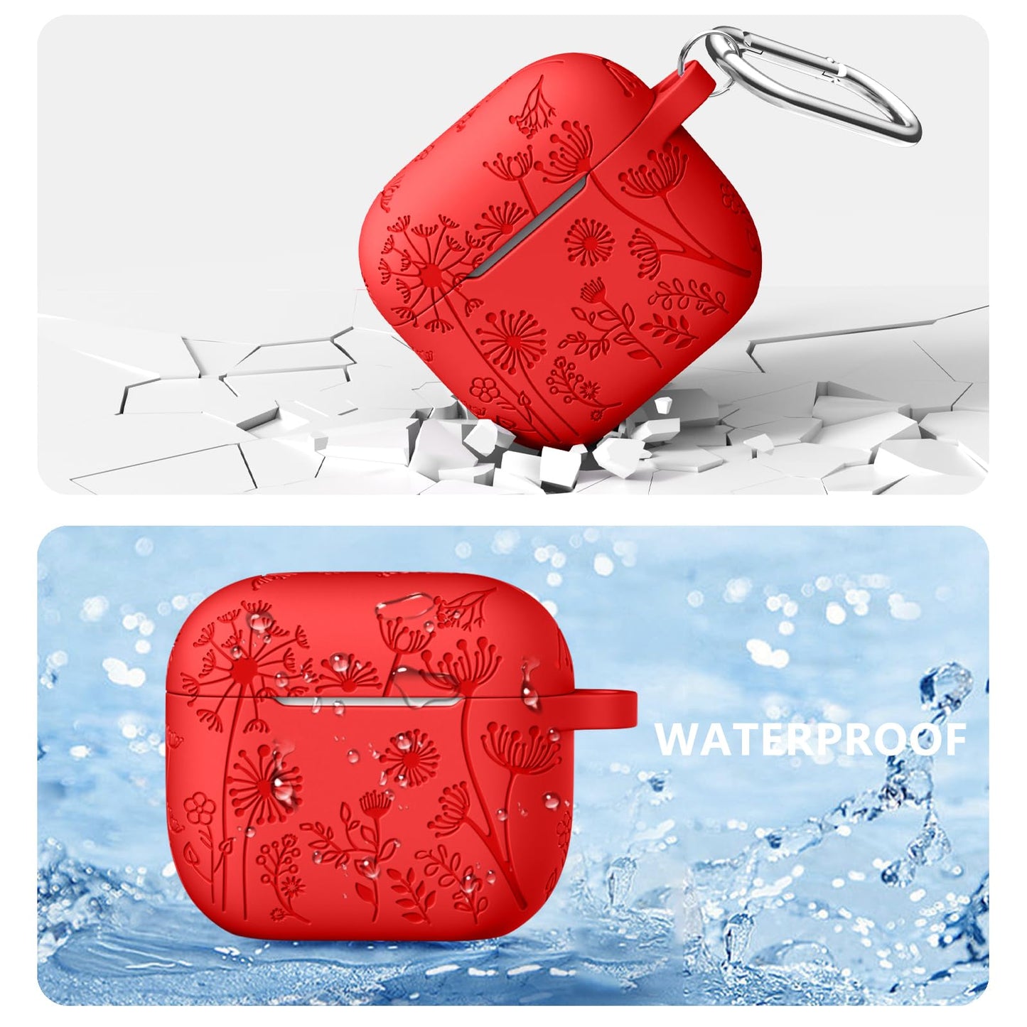 Lerobo Capa c/ Chaveiro p/ AirPods 3ª Geração, Gravação Floral (Vermelho)