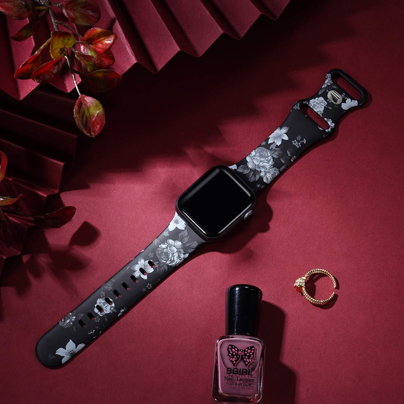 Lerobo Pulseira Floral de Silicone para Apple Watch, 38-49mm (Rosas negras)