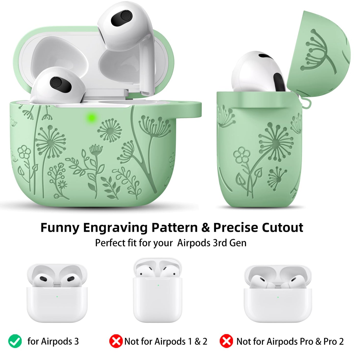 Lerobo Capa de Silicone c/ Chaveiro p/ AirPods 3ª Geração (Verde Grama)