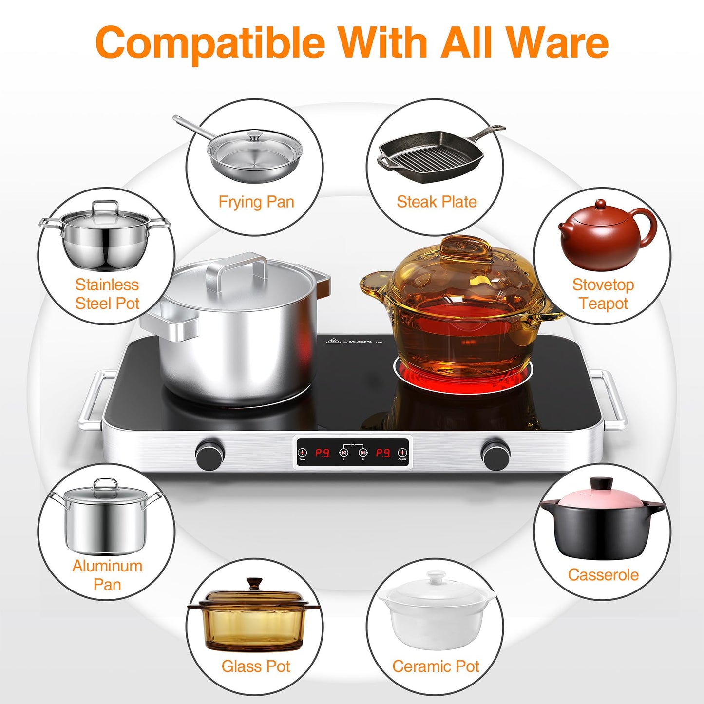 VBGK Cooktop Elétrico 2200W, 2 Bocas, Controle de Botão, 110V, com Timer