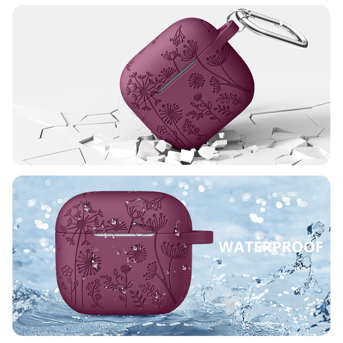 Lerobo Capa com Flores Gravadas Compatível com AirPods 3ª Geração (Vermelho Púrpura)