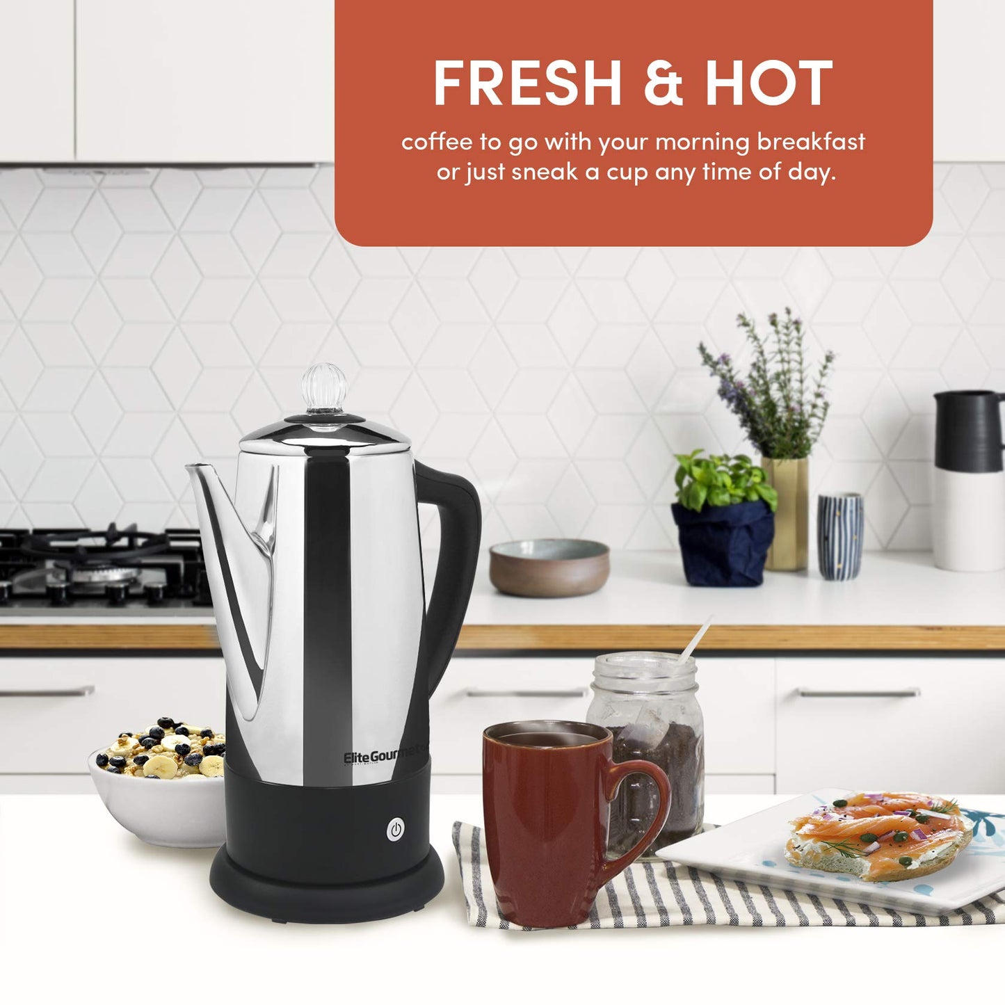 Elite Gourmet EC812 Cafeteira Elétrica Percoladora 12 Xícaras - Inox com Knob de Plástico