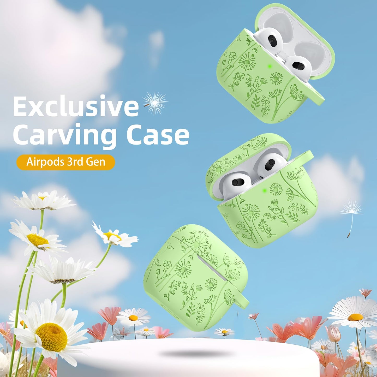 Lerobo Capa Gravada Silicone para AirPods 3ª Geração com Mosquetão (Verde Alface)