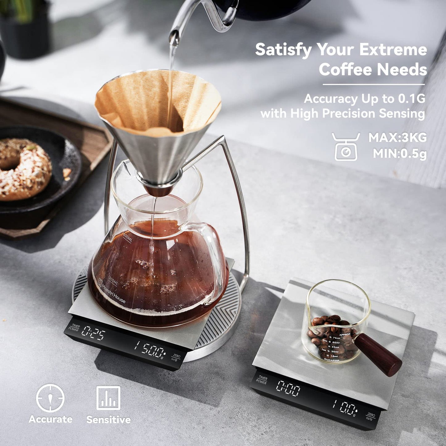 Maestri House Balança Digital para Café com Timer, 3Kg, Recarregável (Prata)