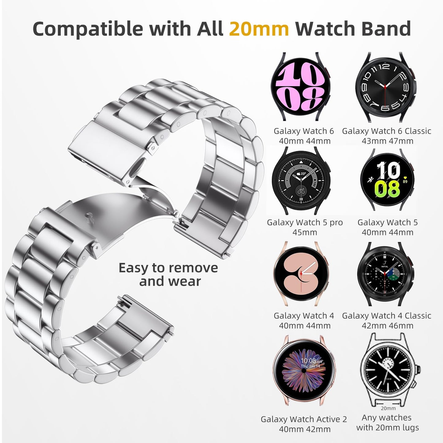 Lerobo Pulseira Aço Inoxidável para Galaxy Watch 7/6/5/4 20mm (Prata)