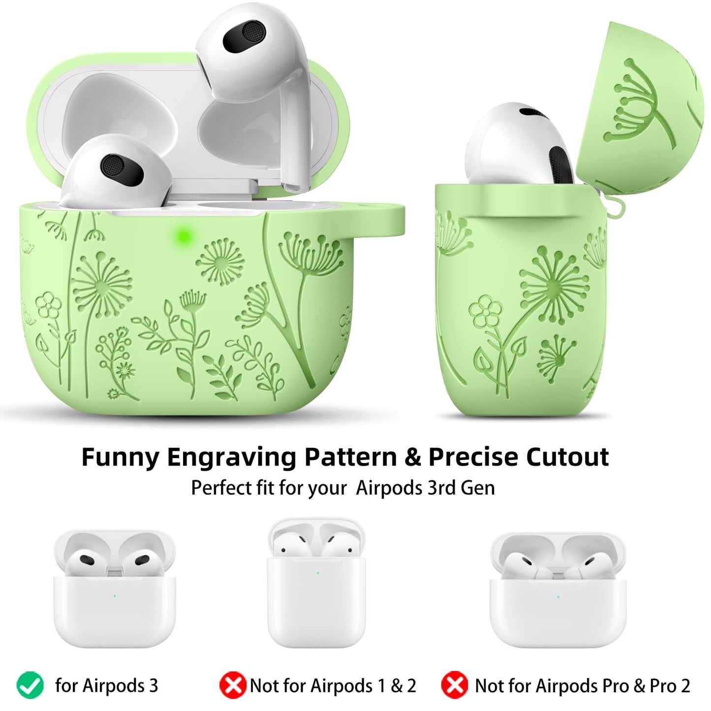 Lerobo Capa Gravada Silicone para AirPods 3ª Geração com Mosquetão (Verde Alface)