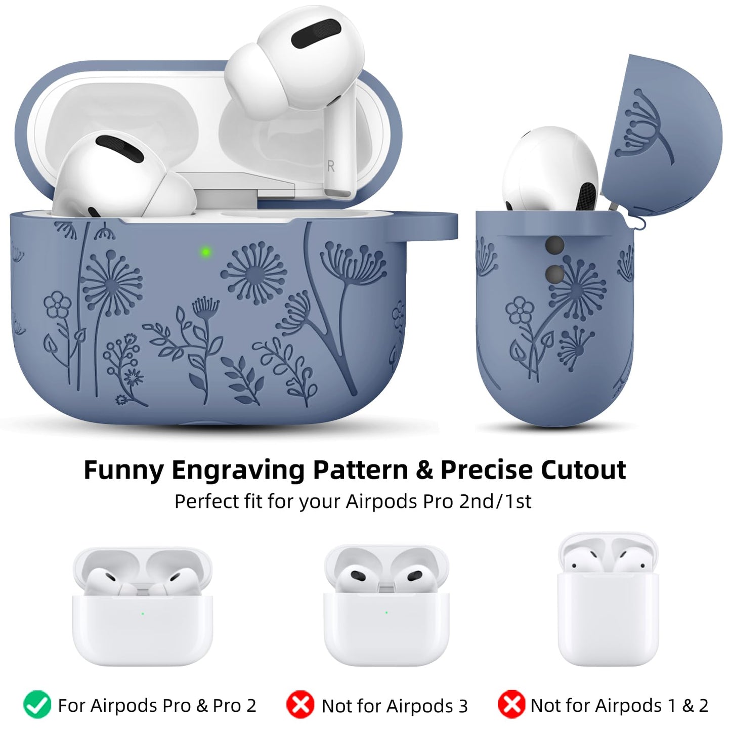 Lerobo Capa Silicone Gravada para AirPods Pro c/ Mosquetão (Lavanda Cinza)