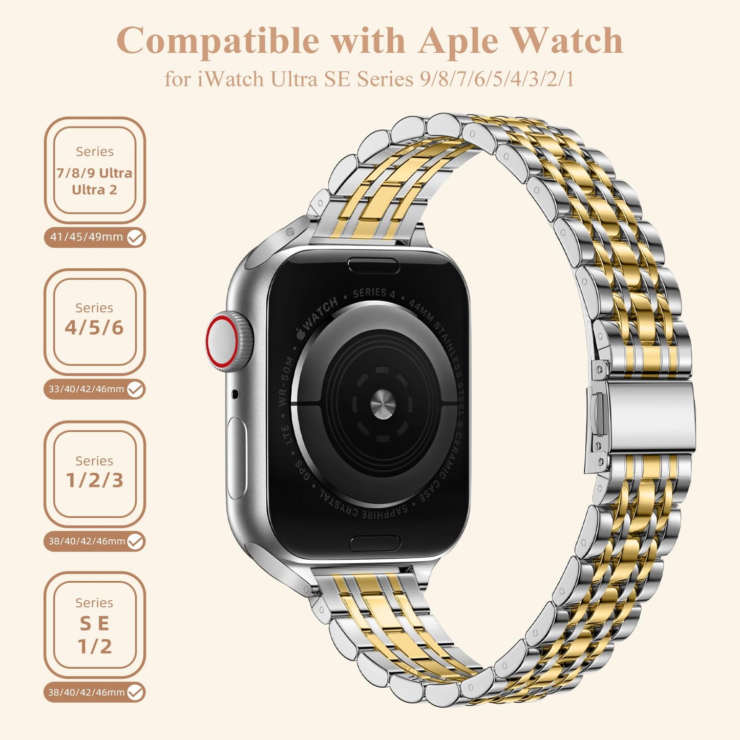 Lerobo Pulseira de Aço Inoxidável Slim para Apple Watch 38-49mm (Prata/Dourado)