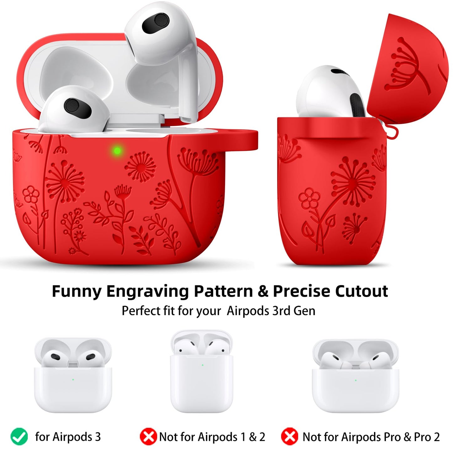 Lerobo Capa c/ Chaveiro p/ AirPods 3ª Geração, Gravação Floral (Vermelho)