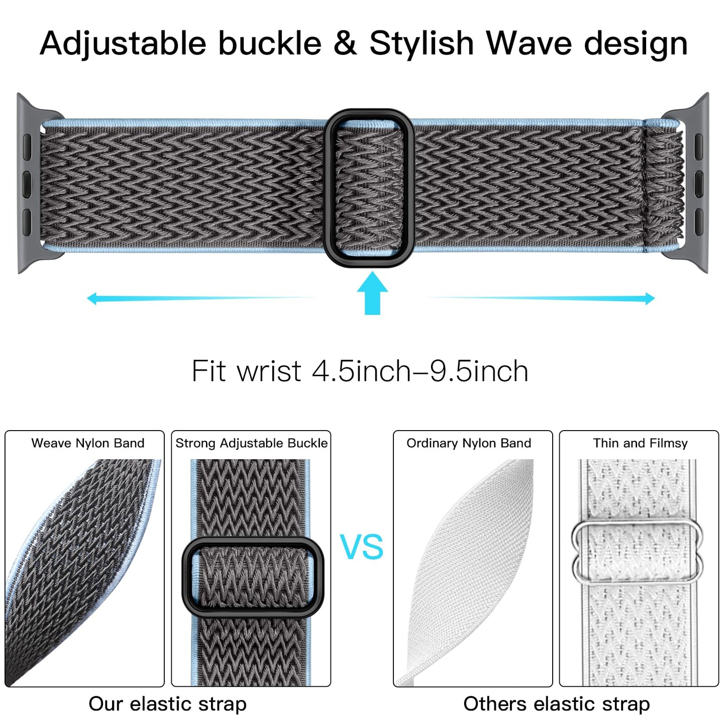 Lerobo Pulseira Solo Loop de Nylon Ajustável para Apple Watch (Cinza-Azul)