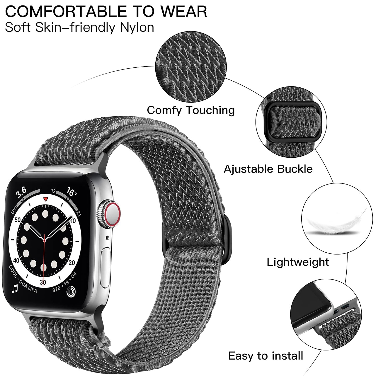 Lerobo Pulseira Nylon Ajustável p/ Apple Watch 38-49mm (Cinza Escuro)