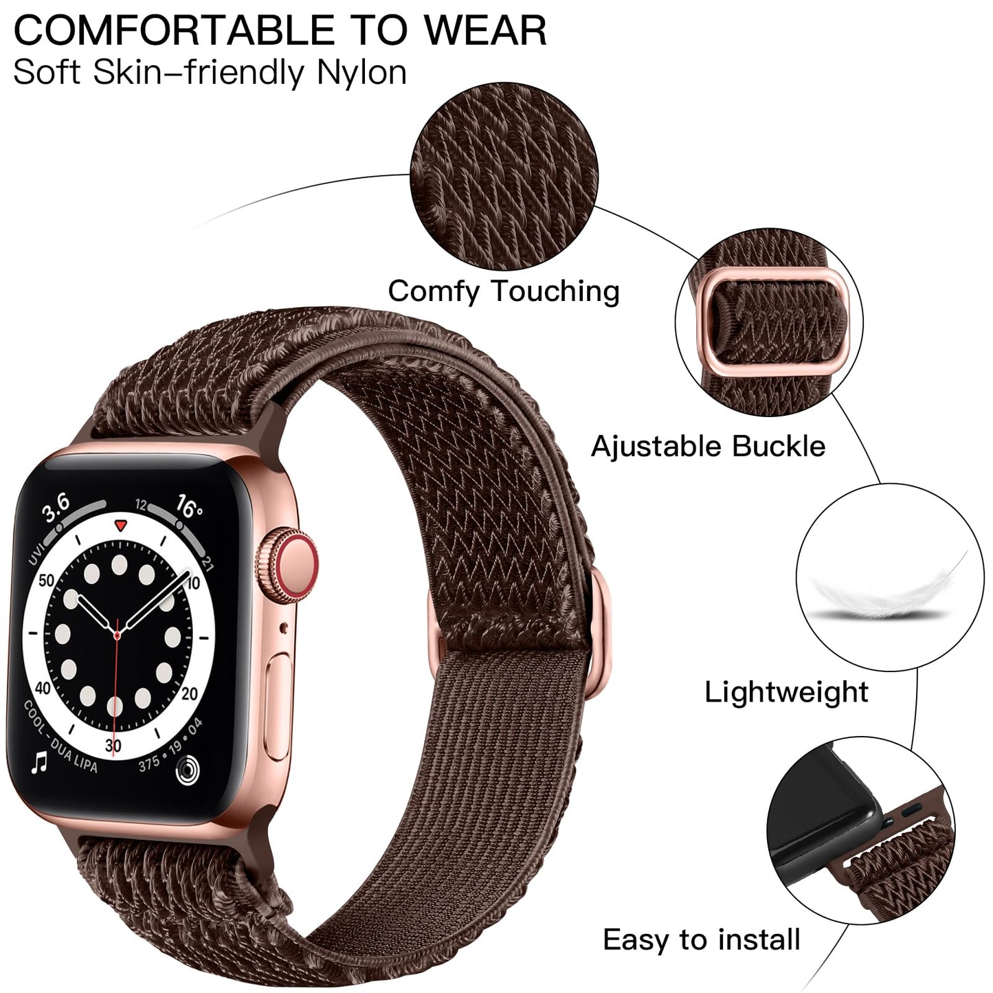 Lerobo Pulseira Elástica de Nylon Compatível com Apple Watch 38mm a 49mm (Marrom)