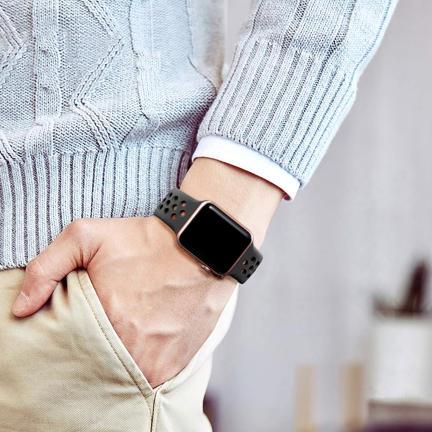 Lerobo Pulseira de Silicone Esportiva Respirável para Apple Watch (Preto/Cinza, Preto Colorido, Antracite)