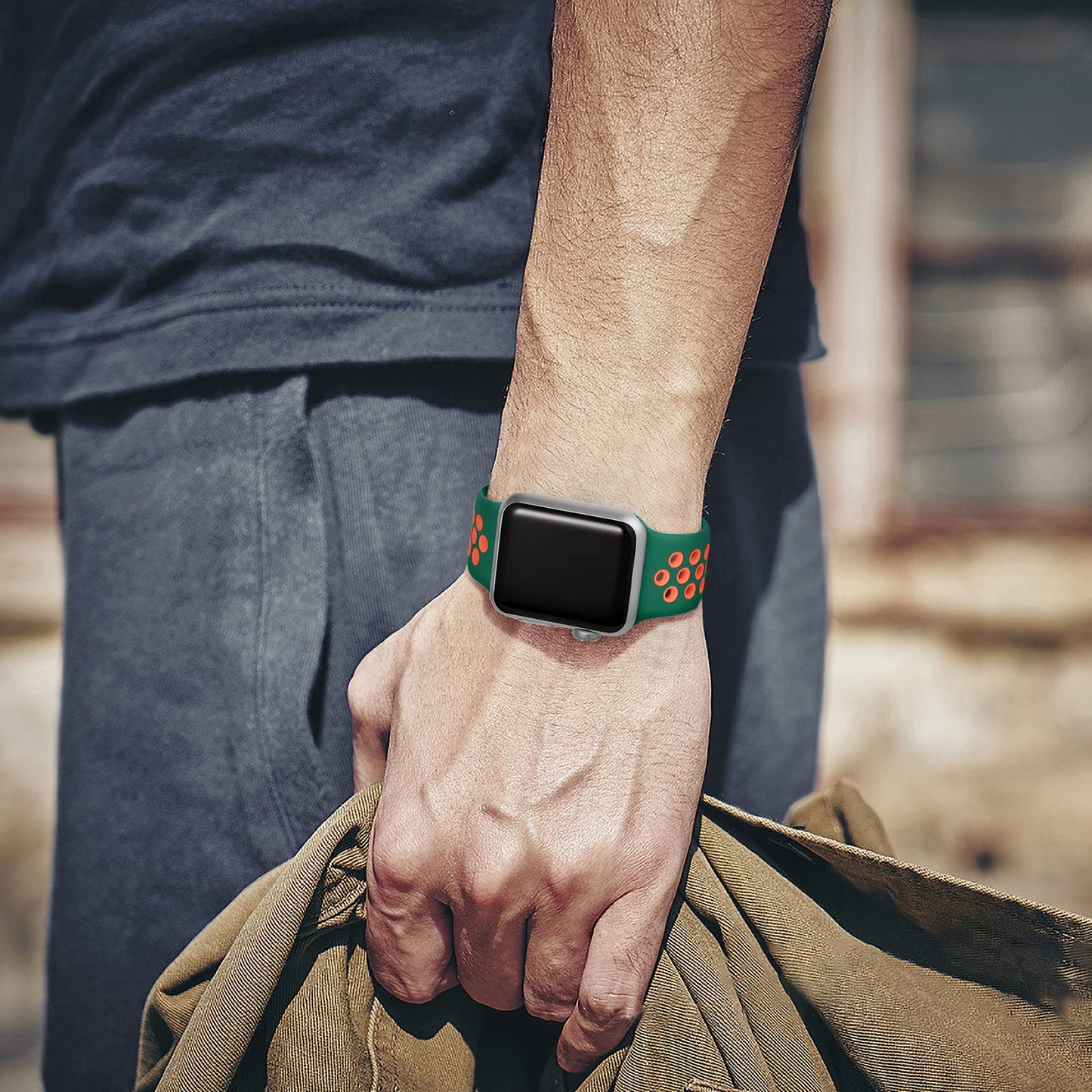 Lerobo Pulseira Silicone p/ Apple Watch 38-49mm (Verde/Laranja)