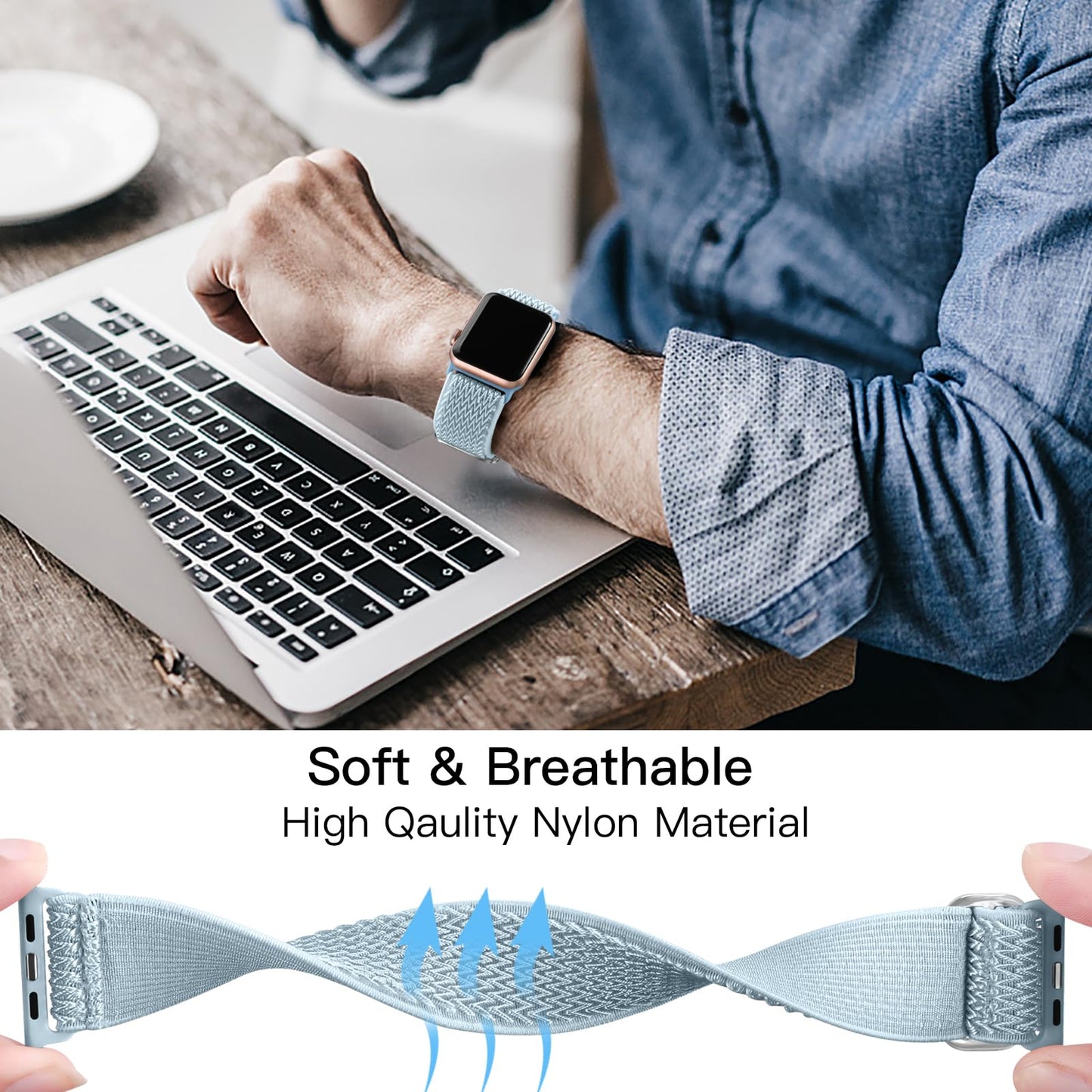 Lerobo Pulseira Nylon Solo Loop para Apple Watch, Ajustável, 38-49mm (Névoa Azul)