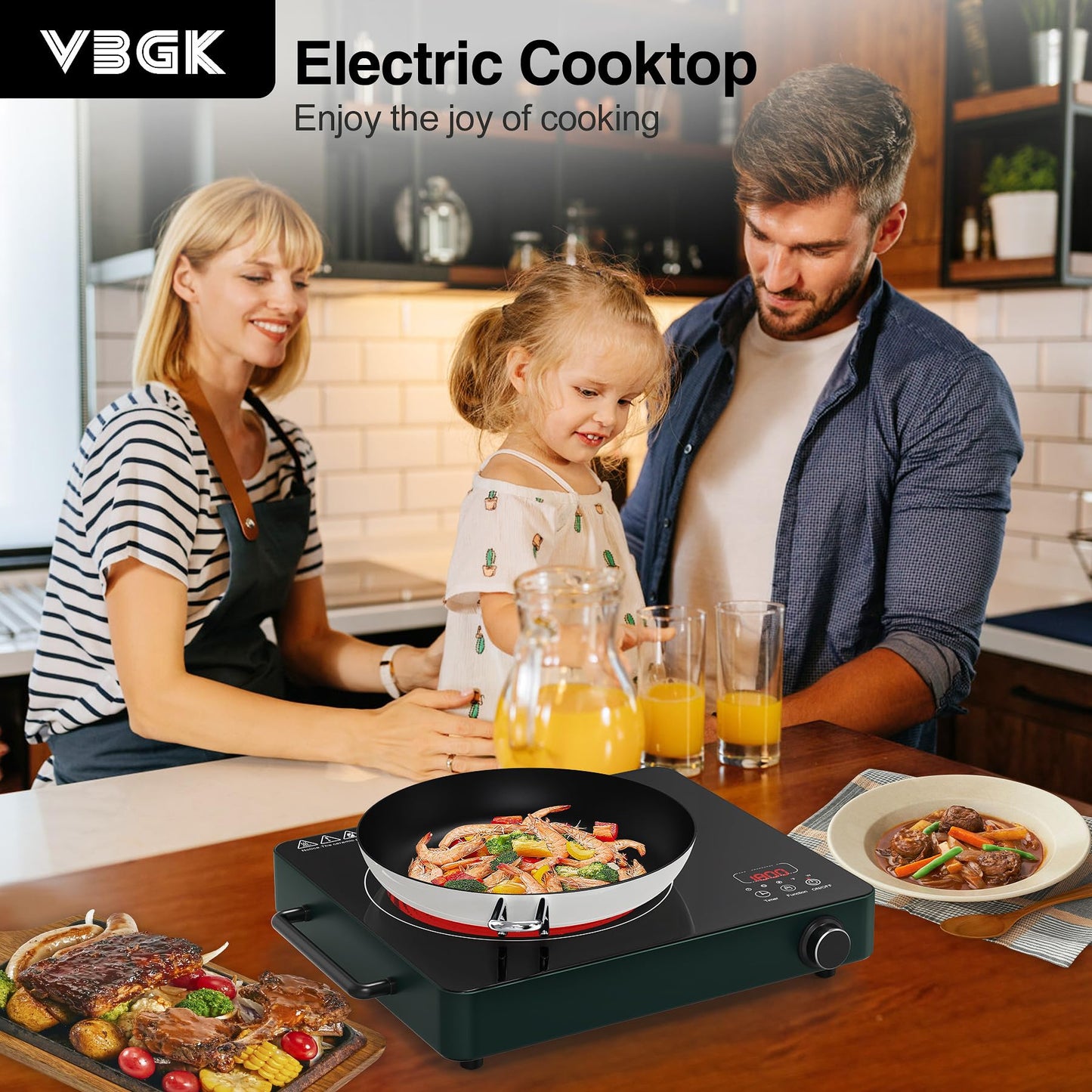 VBGK Cooktop Elétrico 1800W com 9 Níveis de Potência e Timer (Verde)