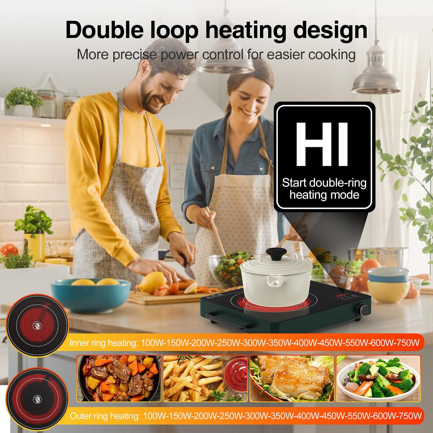 VBGK Cooktop Elétrico 1800W com 9 Níveis de Potência e Timer (Verde)