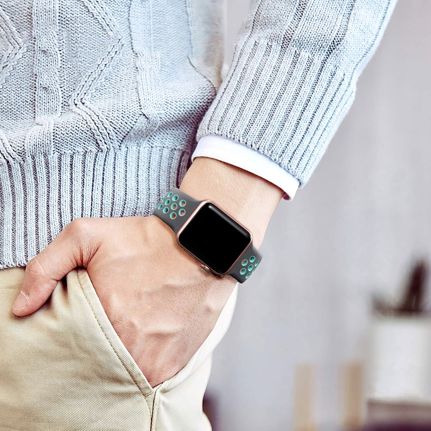 Lerobo 3 Pulseiras Silicone p/ Apple Watch 42mm-49mm (Preto e Cinza/Ciza e verde/preto e Rosa)