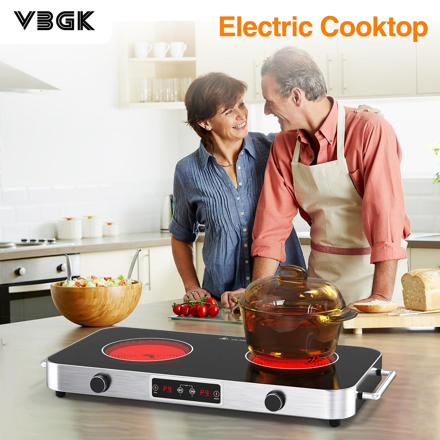 VBGK Cooktop Elétrico 2200W, 2 Bocas, Controle de Botão, 110V, com Timer