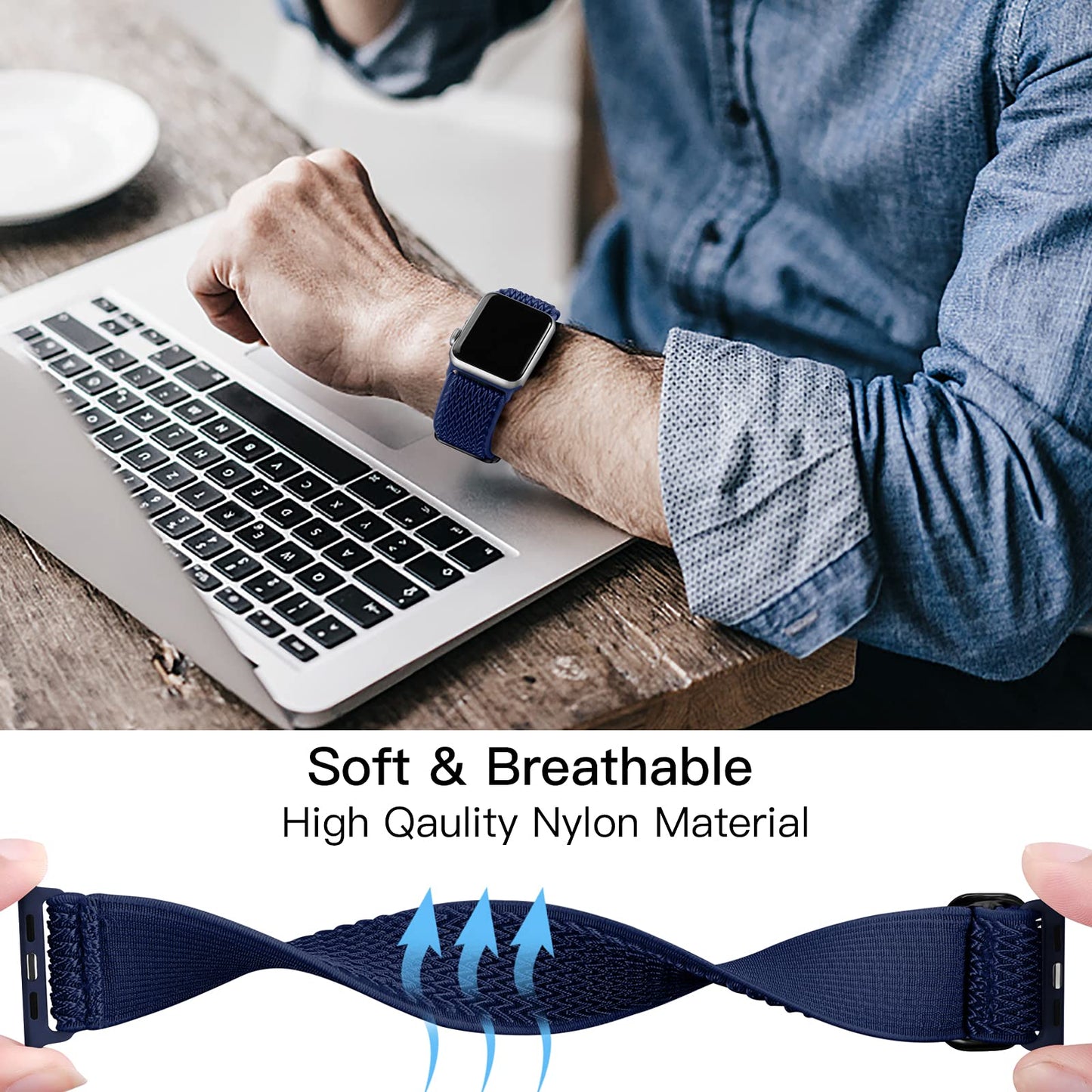 Lerobo Pulseira de Nylon Elástica Ajustável Compatível com Apple Watch (Azul Midnight)
