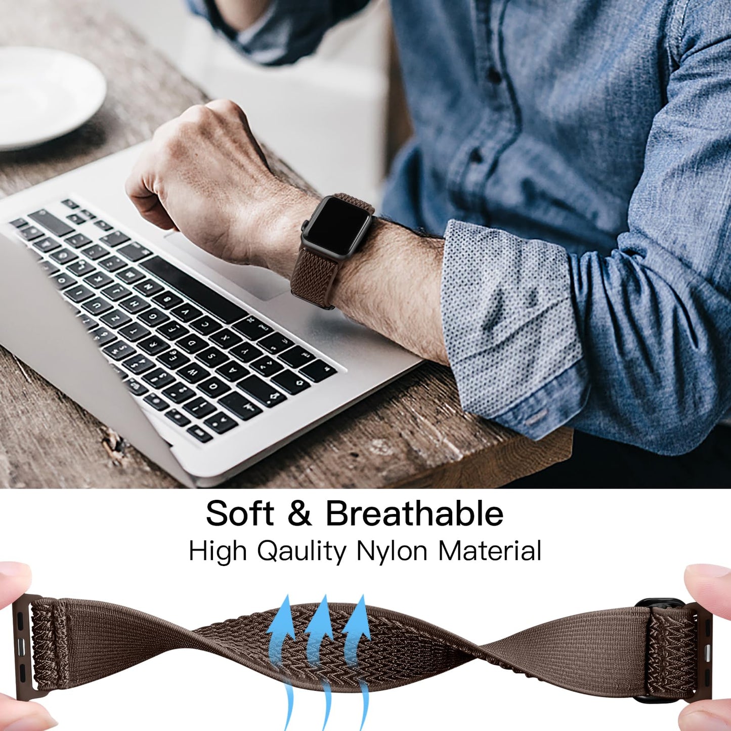 Lerobo Pulseira Elástica de Nylon Compatível com Apple Watch 38mm a 49mm (Marrom)
