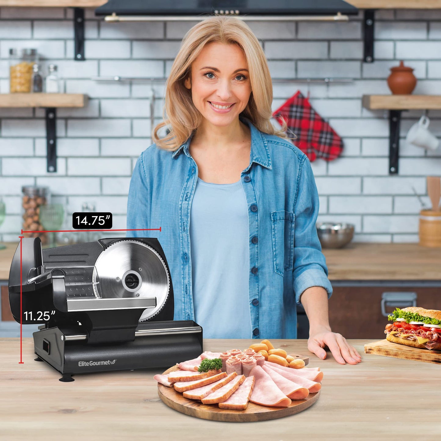 Elite Gourmet EMT-625B Fatiadora Elétrica de Carne 7.5” Preto