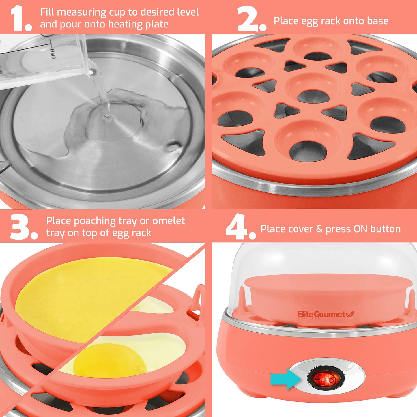 Elite Gourmet EGC007C Egg Cooker Elétrico 7 Ovos Coral