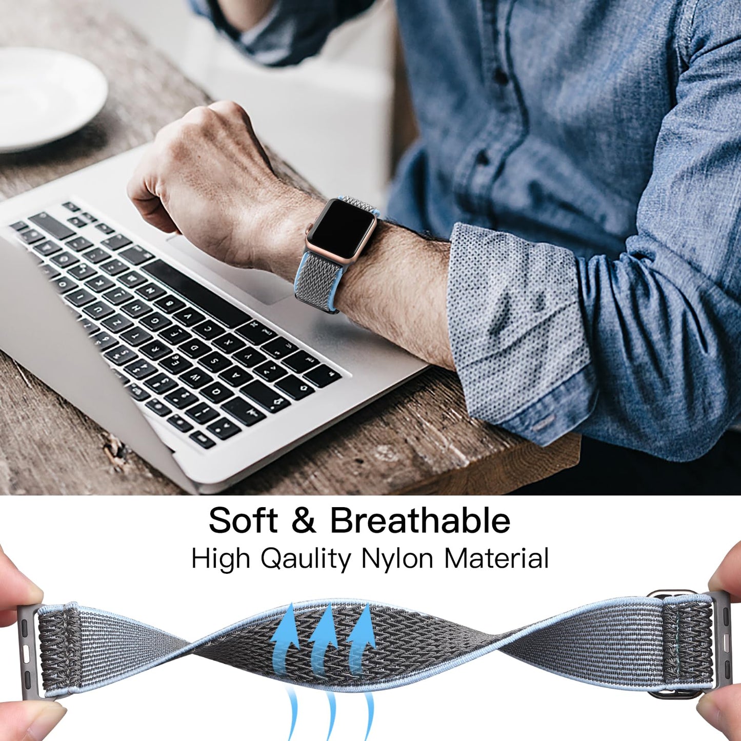 Lerobo Pulseira Solo Loop de Nylon Ajustável para Apple Watch (Cinza-Azul)