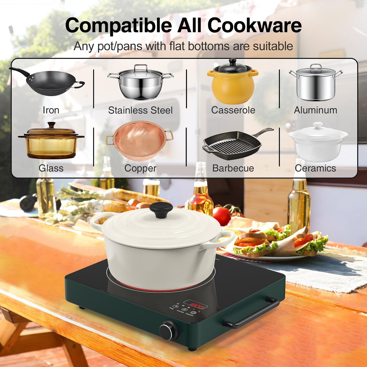 VBGK Cooktop Elétrico 1800W com 9 Níveis de Potência e Timer (Verde)