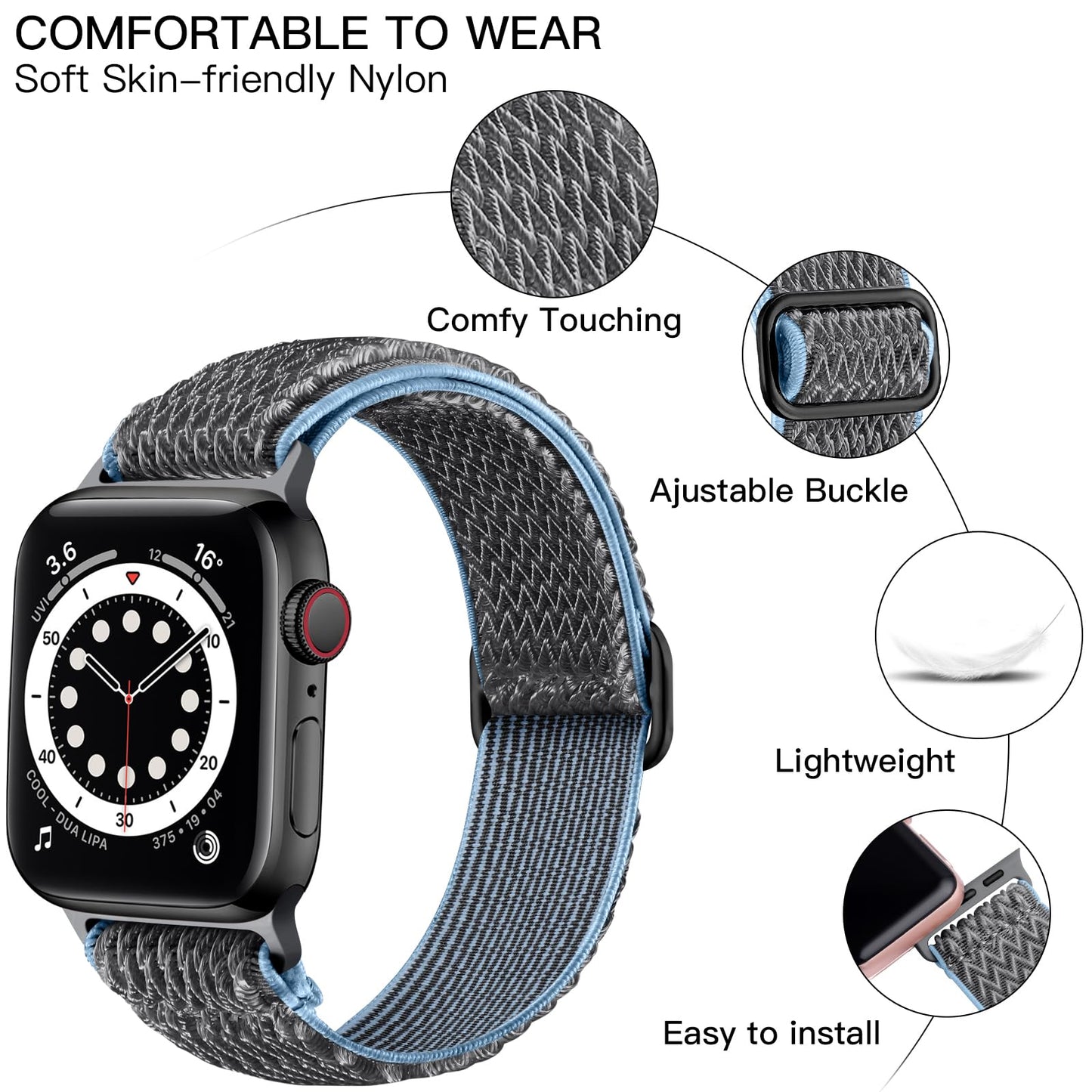 Lerobo Pulseira Solo Loop de Nylon Ajustável para Apple Watch (Cinza-Azul)