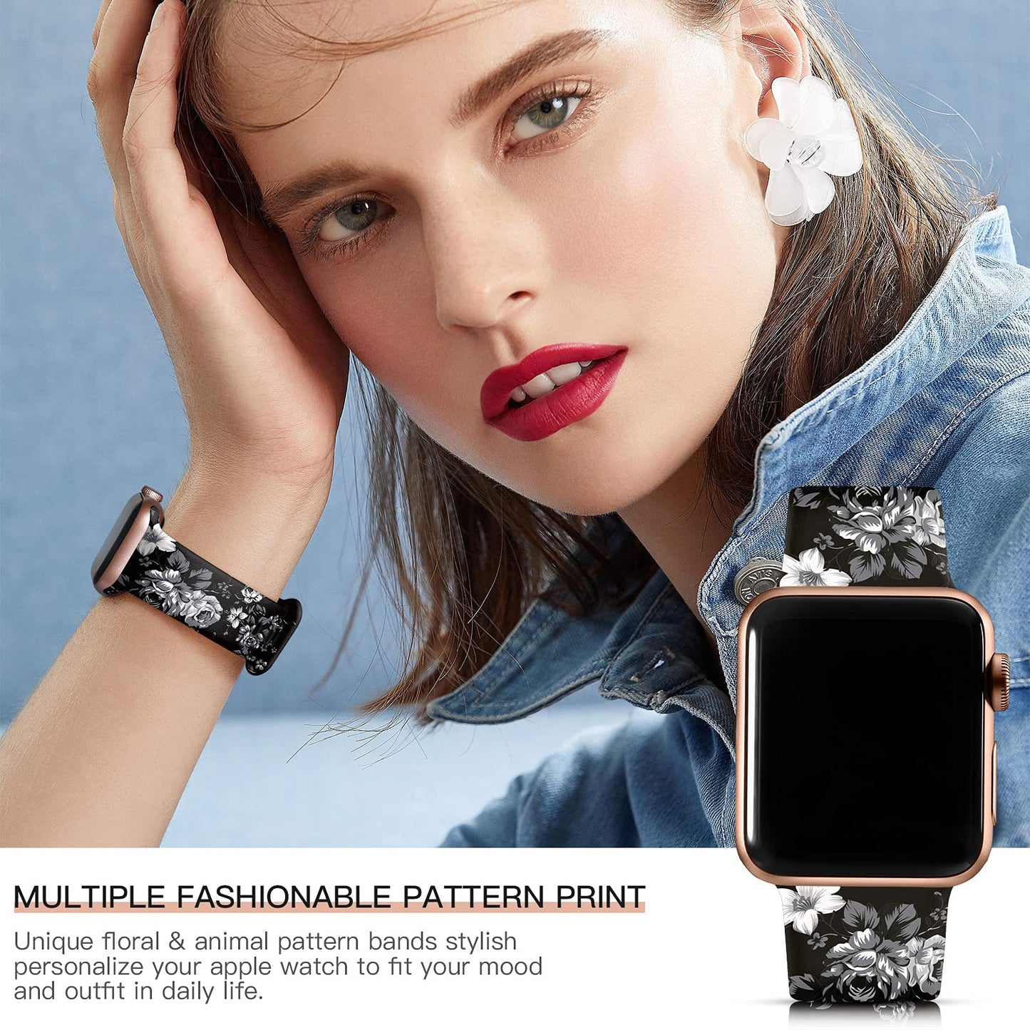 Lerobo Pulseira Floral de Silicone para Apple Watch, 38-49mm (Rosas negras)