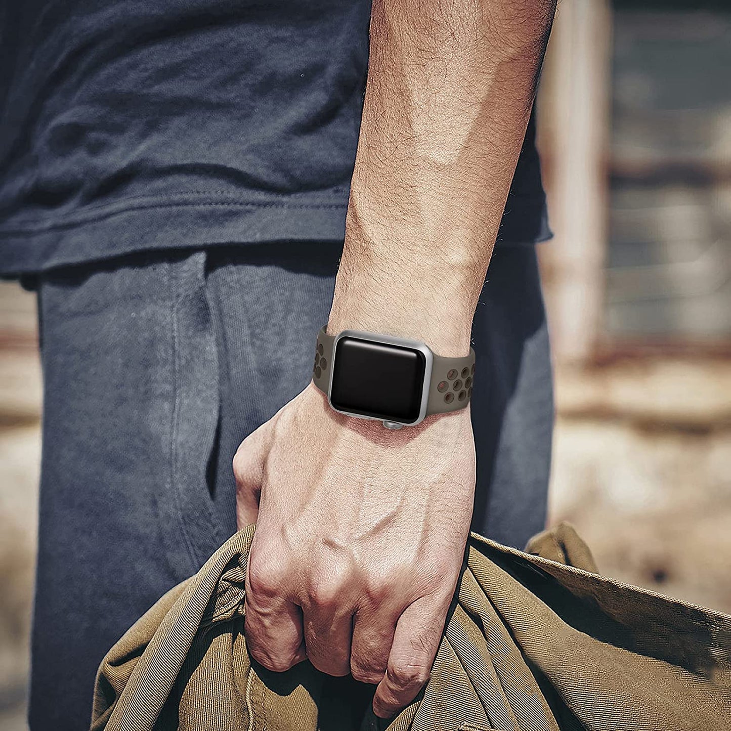 Lerobo Pulseira de Silicone Respirável para Apple Watch (Cinza Oliva/Cinza Café)