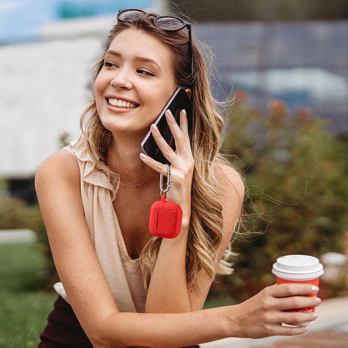 Lerobo Capa c/ Chaveiro p/ AirPods 3ª Geração, Gravação Floral (Vermelho)