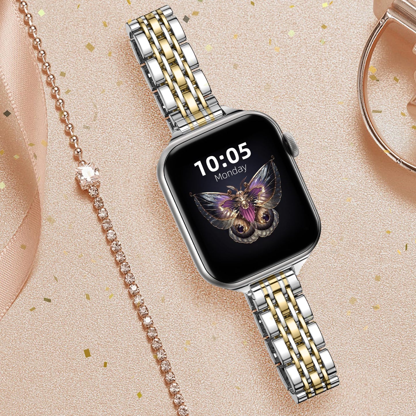 Lerobo Pulseira de Aço Inoxidável Slim para Apple Watch 38-49mm (Prata/Dourado)