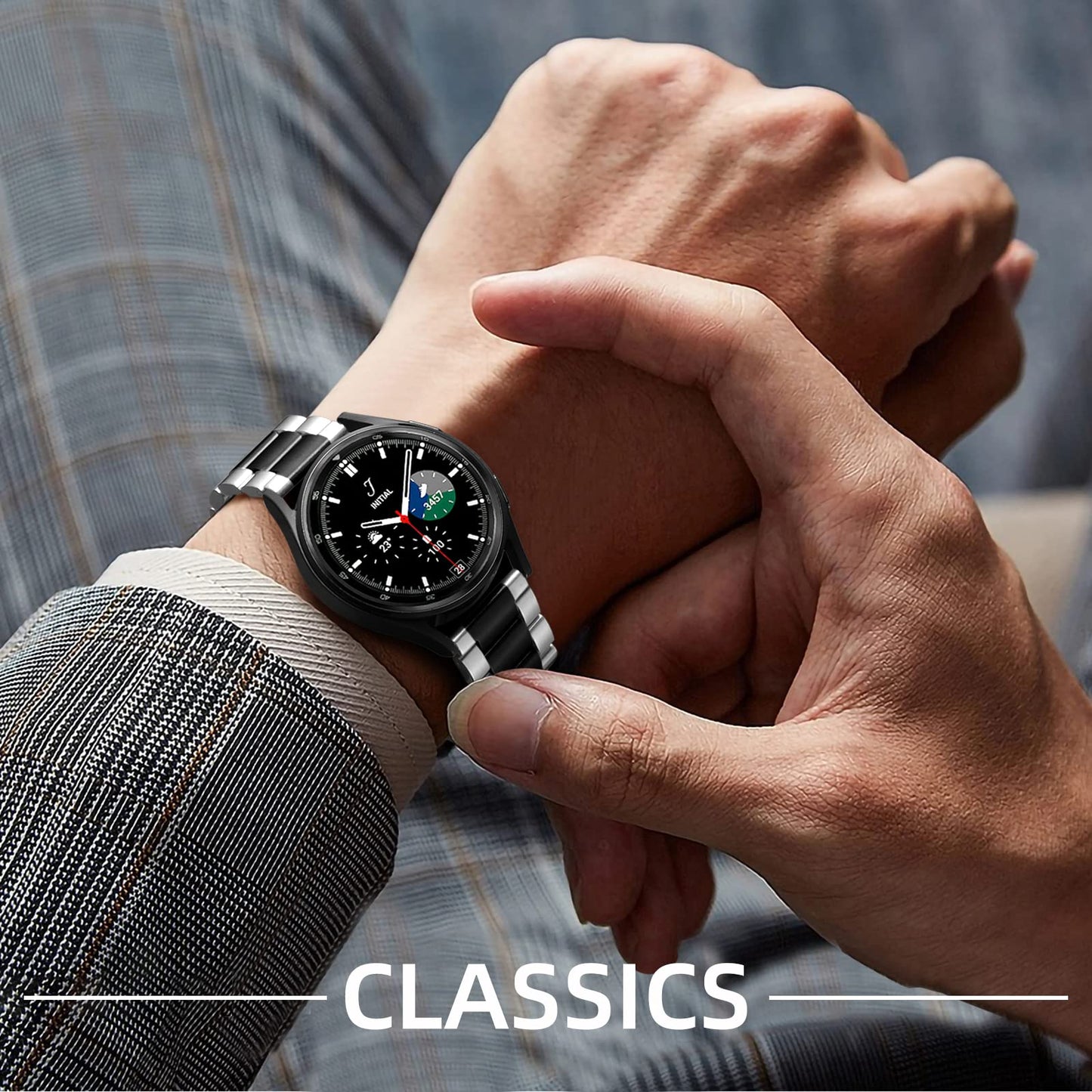 Lerobo Pulseira de Aço Inoxidável para Samsung Galaxy Watch 4/5/6/7 (Preto/Prata)