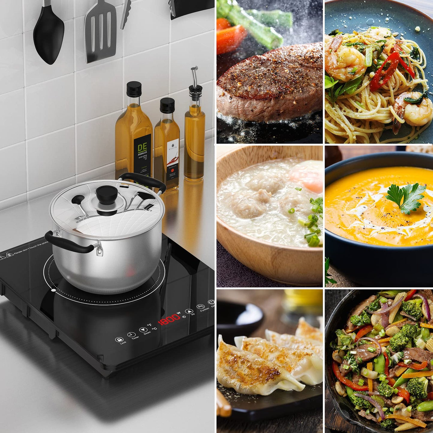 GTKZW Cooktop de Indução Portátil 1800W com 9 Níveis de Potência (Preto)
