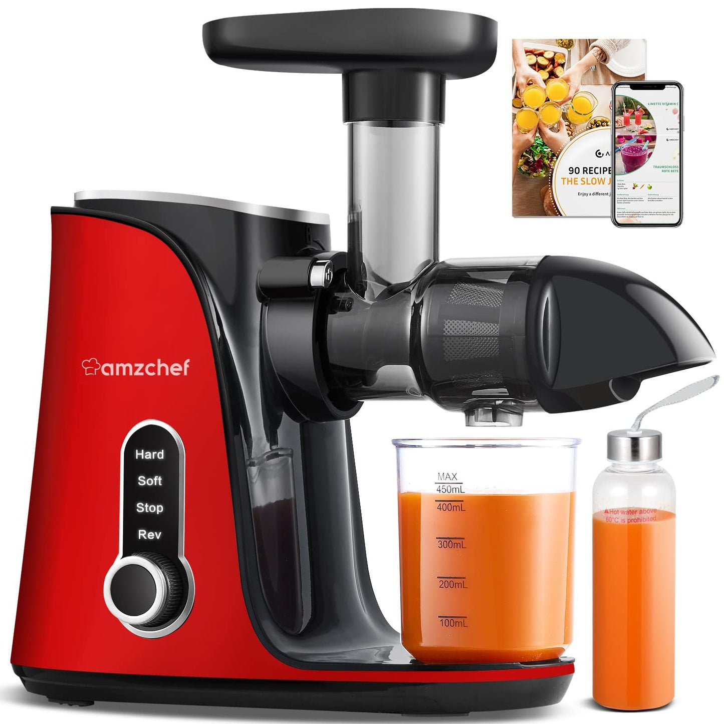 Espremedor AMZCHEF Cold Press com 2 Velocidades e Garrafa Portátil (Vermelho)