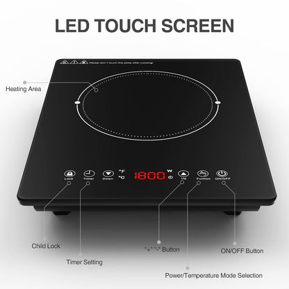 GTKZW Cooktop de Indução Portátil 1800W com 9 Níveis de Potência (Preto)