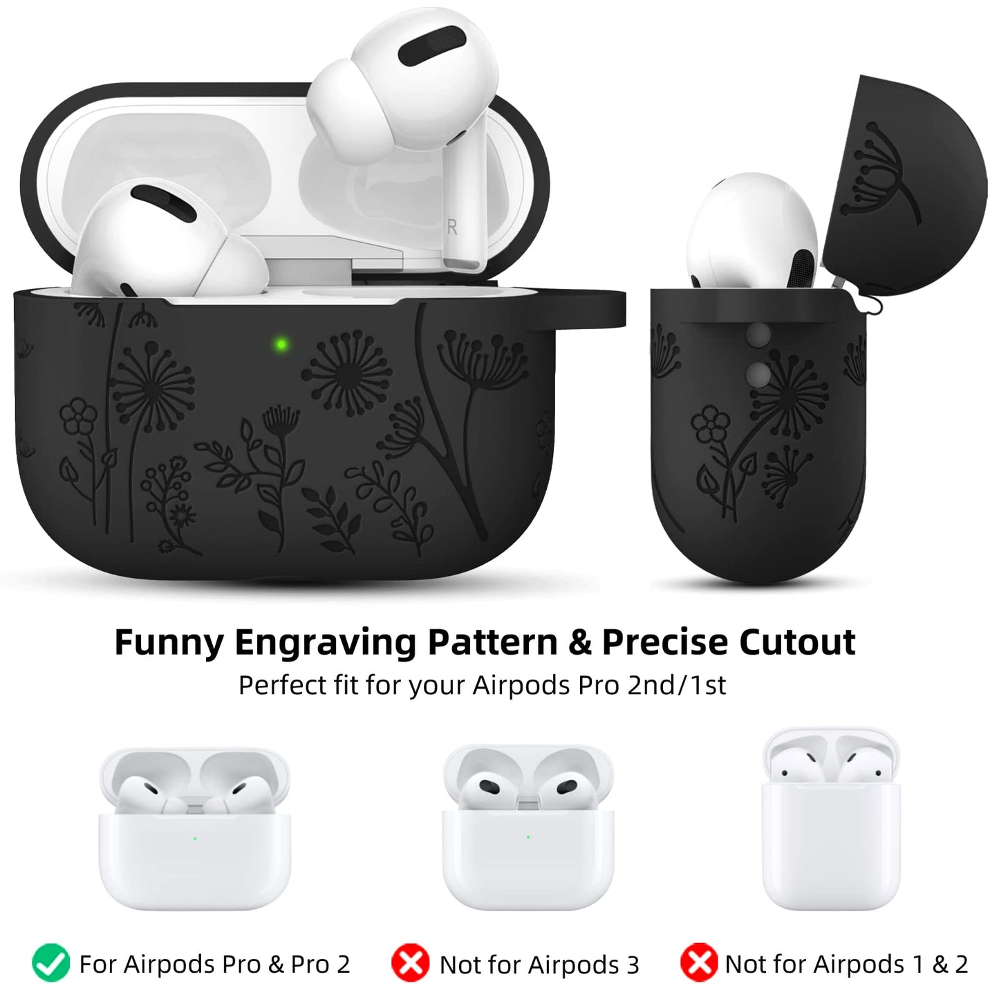 Lerobo Capa Gravada Silicone para AirPods Pro 2ª/1ª Geração com Mosquetão (Preto)