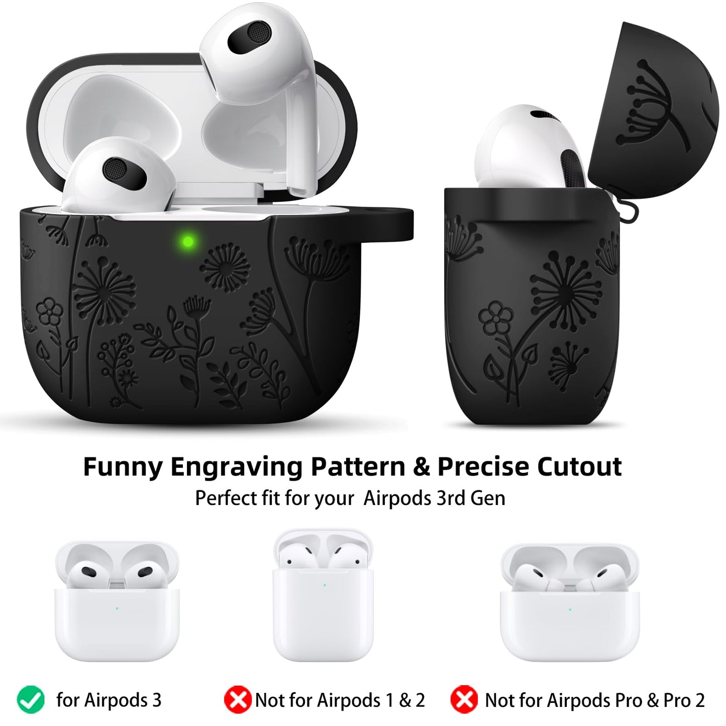 Lerobo Capa com Flores Gravadas Compatível com AirPods 3ª Geração (Preto)