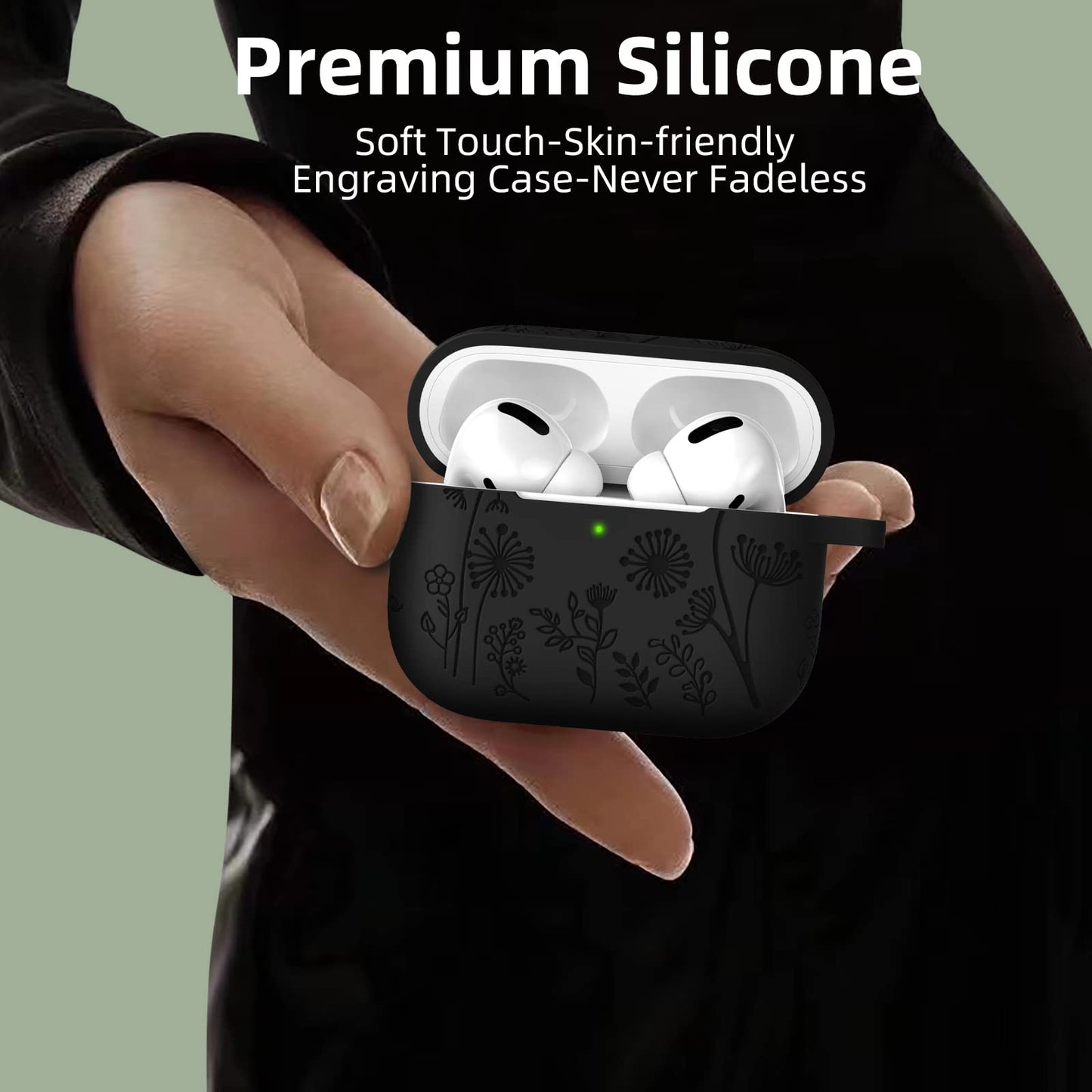 Lerobo Capa Gravada Silicone para AirPods Pro 2ª/1ª Geração com Mosquetão (Preto)