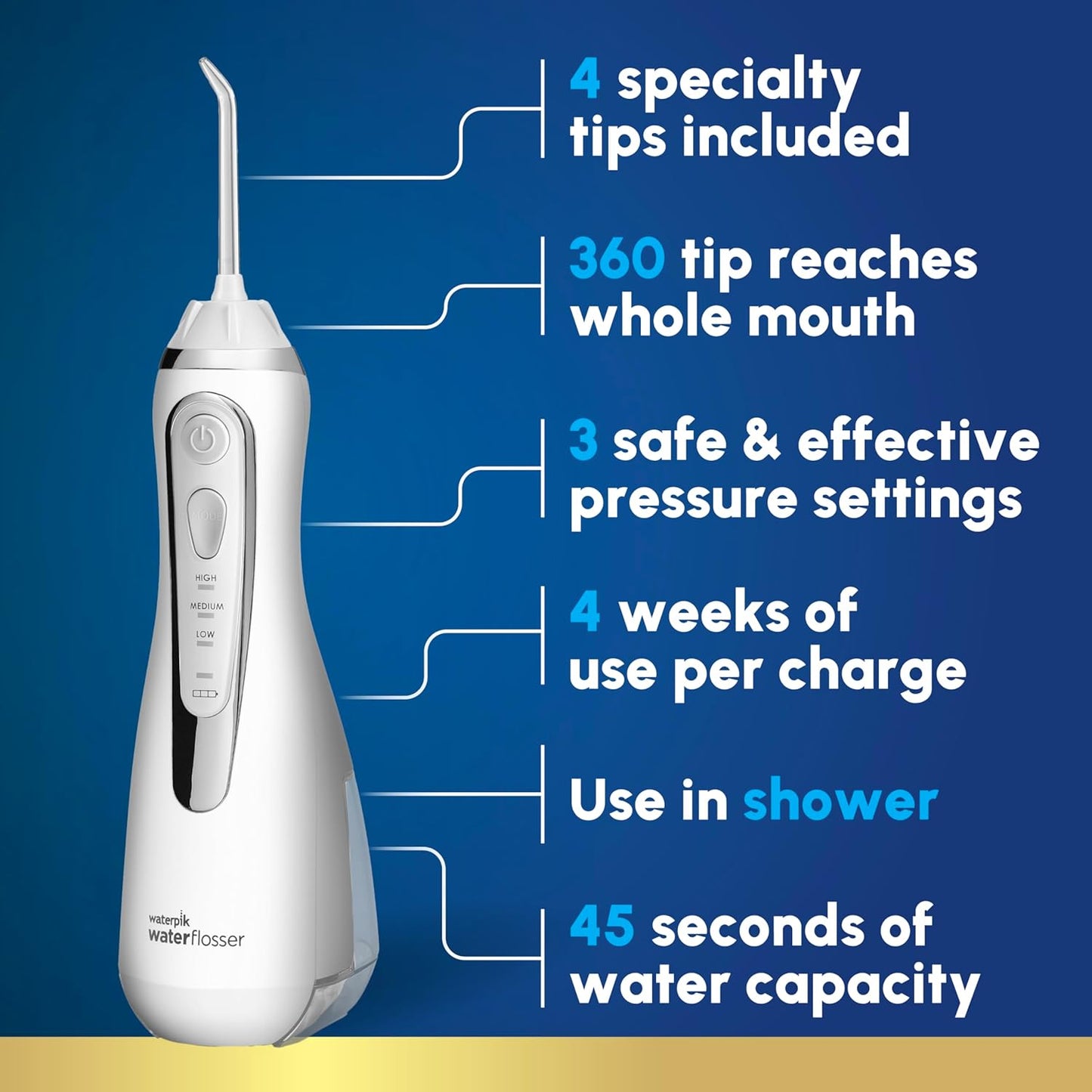 Waterpik Flossador Avançado Sem Fio WP-580, 4 Pontas, Recarregável (Branco)