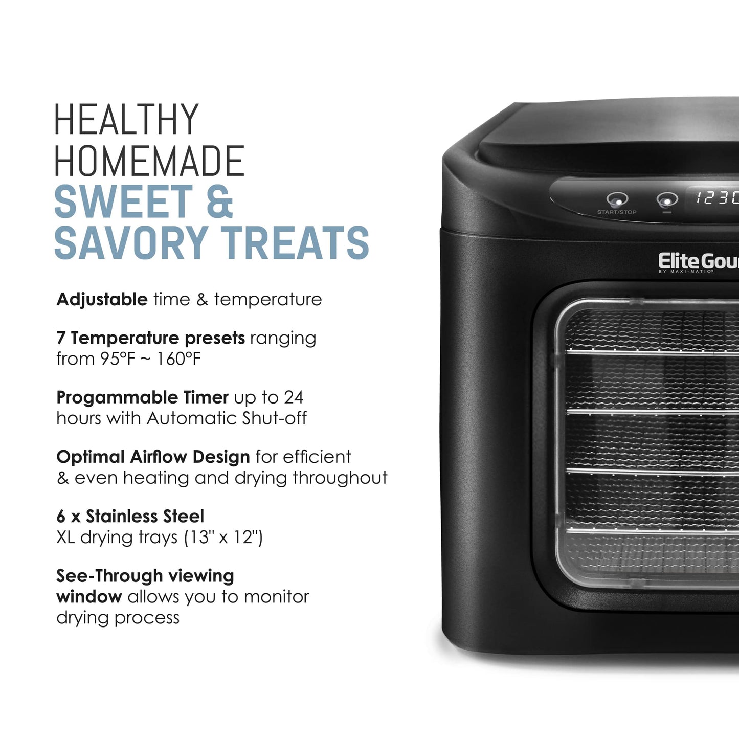 Elite Gourmet EFD-313B Desidratador de Alimentos 480W 6 Bandejas Inox