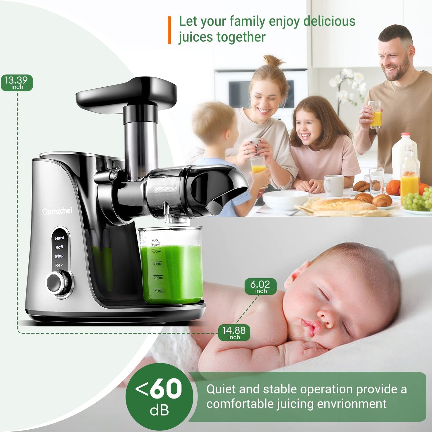 AMZCHEF Juicer Cold Press com 2 Modos e Garrafa 500ML (Cinza)