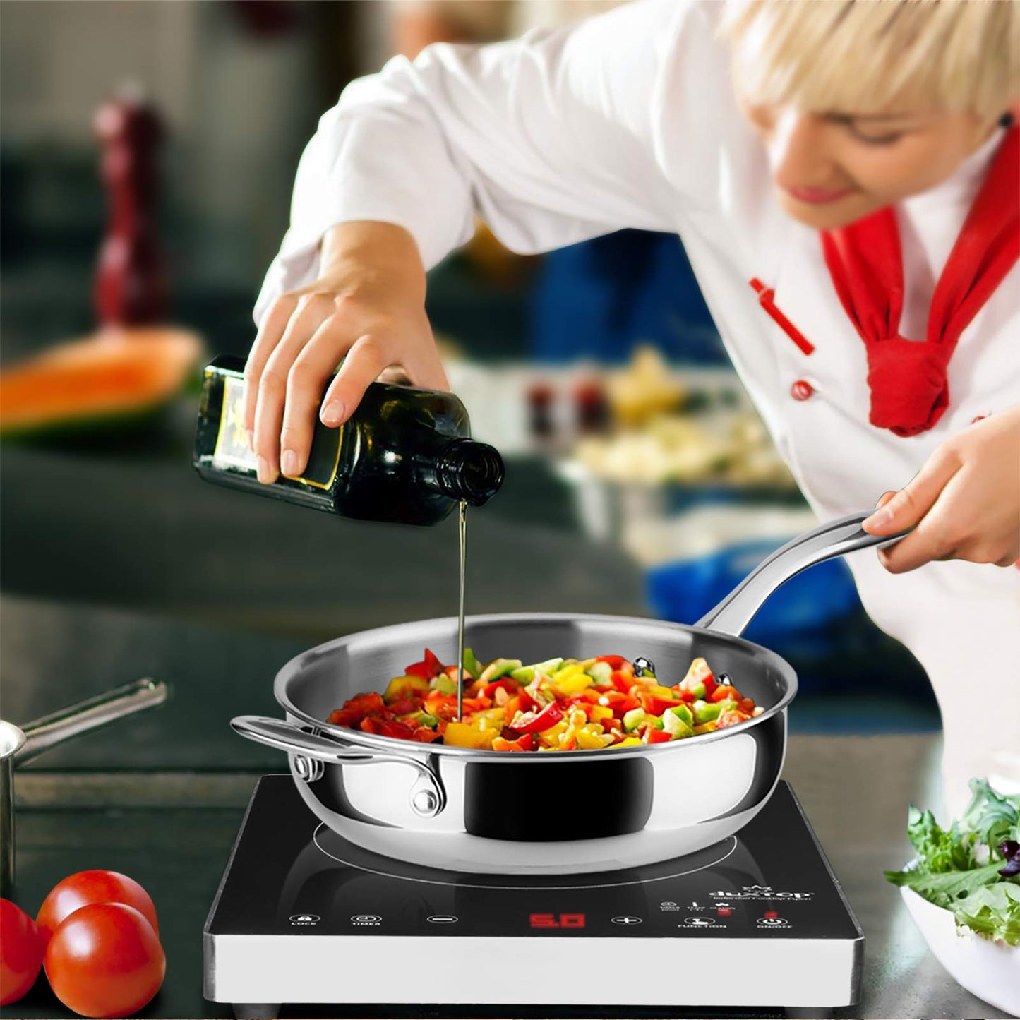 Duxtop Panela Sauté Tri-Ply Inox com Tampa, 3 Qt, Compatível com Indução
