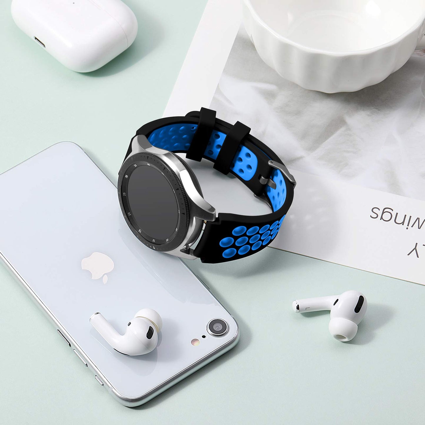 Lerobo Pulseira Silicone p/ Galaxy Watch 46mm e Gear S3 (Preto/Azul)