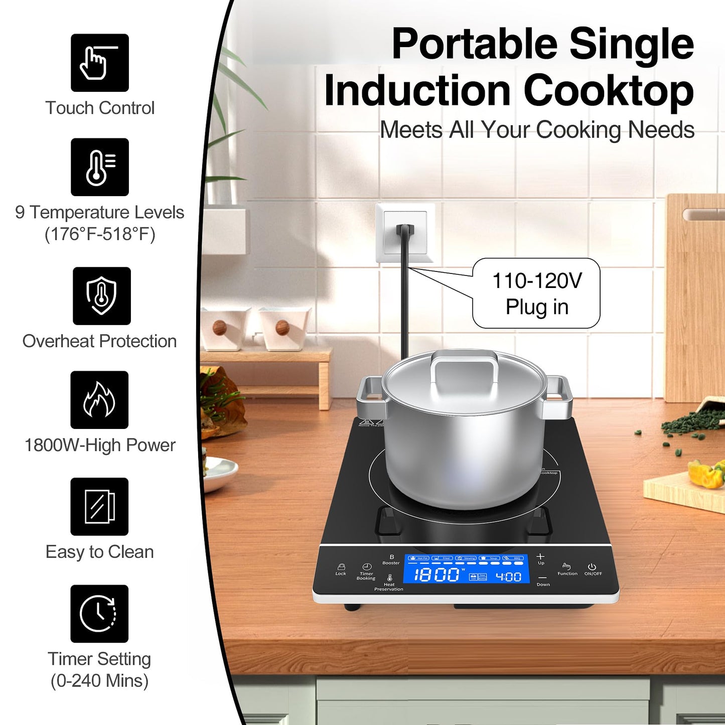 VBGK Cooktop de Indução 1800W Portátil com Tela Touch e 9 Níveis (Preto)