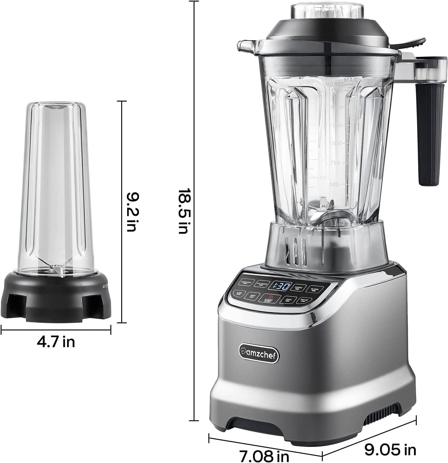Amzchef Liquidificador Profissional 1800W com Copo 600ml e 3 Velocidades